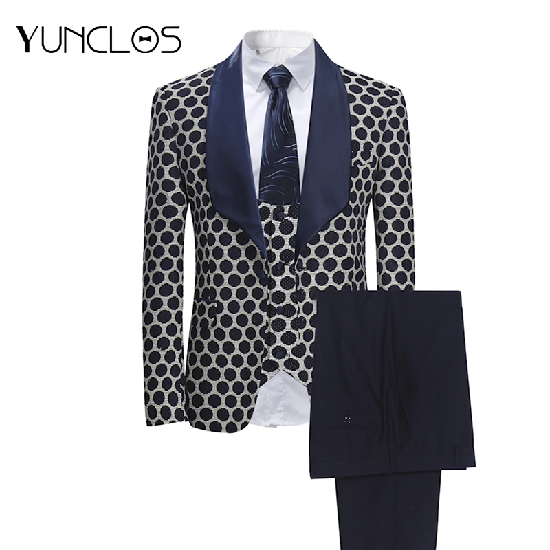 

YUNCLOS EU Size New 3 PCS Weaving Men's Suits Classic Polka Business Suits Tuexdos Wedding Party Dress Casual Slim Suit Tuexdos