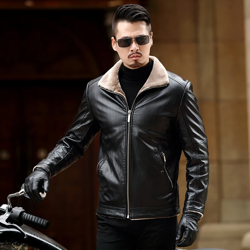 Новая мотоциклетная куртка теплая зимняя мужская кожаная из овечьей кожи