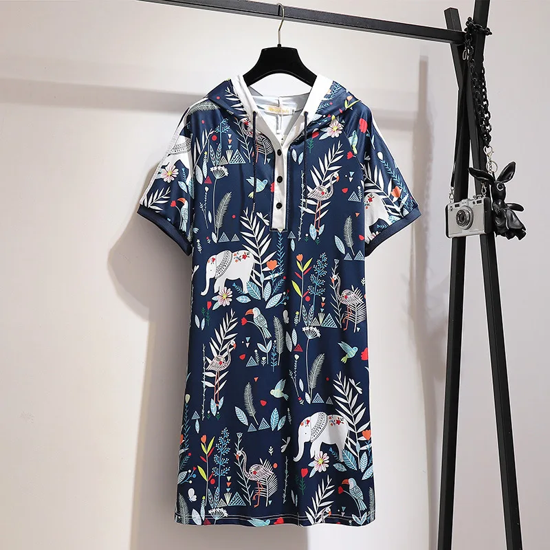 

Large size women's 2019 summer dress loose printed long T-shirt dress Large Size Top Fashion Blue vestdio Casual Women Clothing