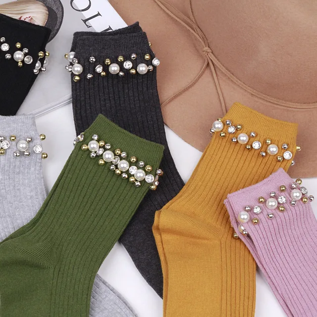 2016 зима новый женские носки оригинальный дизайн высокого класса пользовательских жемчужина бисером хлопок носки для женщин подарочные носки 6 цветов