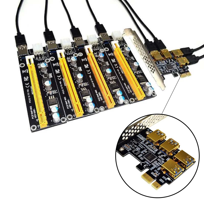 

New 4 Ports PCIe Riser Adapter Board PCI-E 1x to 4 USB 3.0 PCI-E Rabbet GPU Riser Extender&6PIN Extension cord 16X External Sl