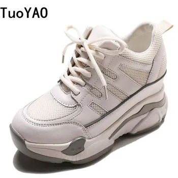 

New 2019 Casual Women Shoes Height Increasing 9 CM Ladies Shoes Breathable Leather Platform Shoes Wedge Black Red Shoes Sneakers