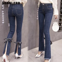 Джинсы для студентов, девочек, весна, новая Корейская версия, высокая талия, тонкий бант, раскол, Harajuku, женские джинсовые брюки, уличная одежда