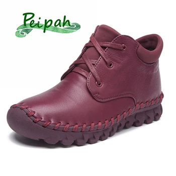 

PEIPAH Women Ankle Boots Genuine Leather Women Shoes Autumn Winter Boots For Woman Handmade lace Up Round Toe Martin boots
