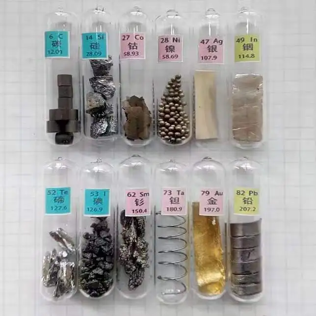 

12 types of Elements Samples Carbon,Silicon,Cobalt,Nickel,Silver,Indium,Tellurium,Iodine,Samarium,Tantalum,Gold,Lead