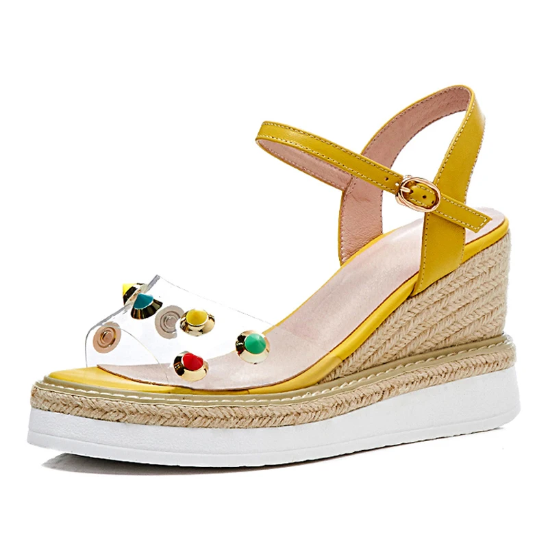 

Open-toe Thick Soles Buckle Sandals for Women 8.5 CM Heels Platform Wedges Yellow Leather Summer Shoes Box Packing 733-62