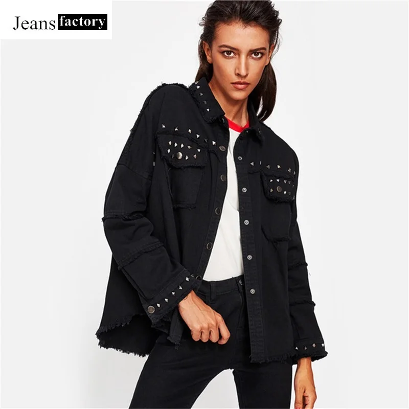 

Fashion Jacket Women Black Studded Frayed Denim Jackets Coats Lapel Irregular Hem jeans jacket women Streetwear Outerwear Korean