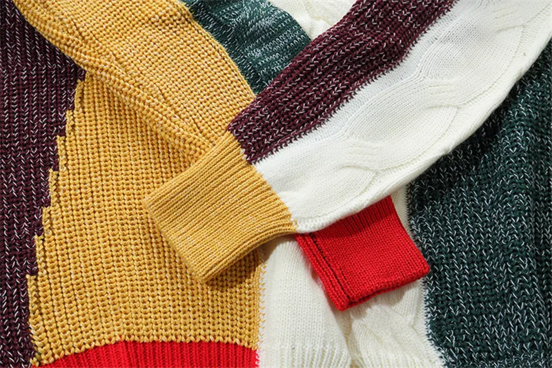 Зима негабаритных контраст Цвет полосой свитера сращены лоскутное High Street шерсть пуловер свободные хлопковые пальто Для мужчин хип-хоп плюс