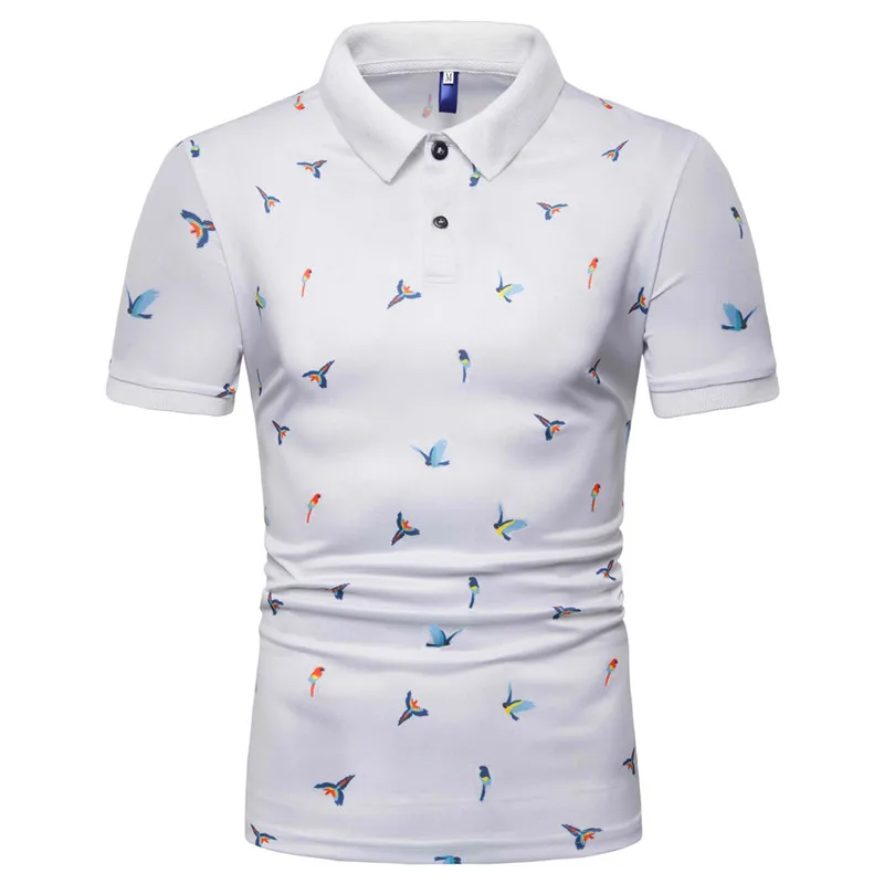  Polo men's summer fashion bird print short-sleeved lapel polo shirt cotton Slim business casual bre