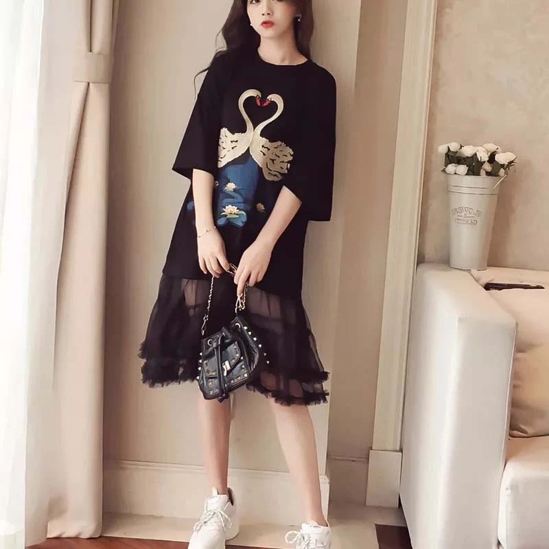 swan lace loose dress shirt robe casual cygnus camisetas women size mesh lace black summer dresses clothing|Dresses| AliExpress