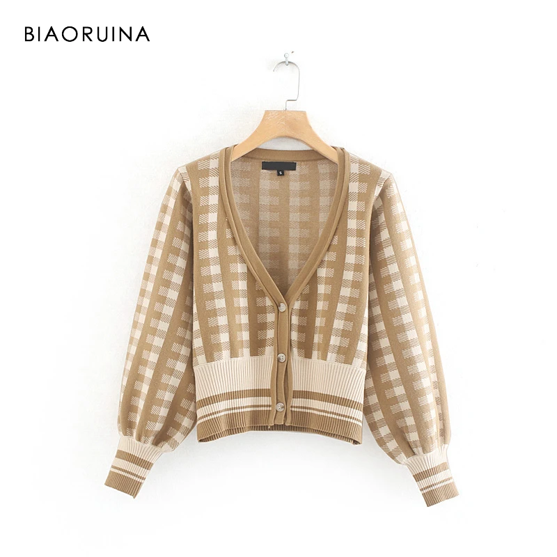 

BIAORUINA Women's Plaid Elegant Single Breasted Veep V-neck Knitted Sweater Female Fashion Cardigans 2019 Autumn New Arrival