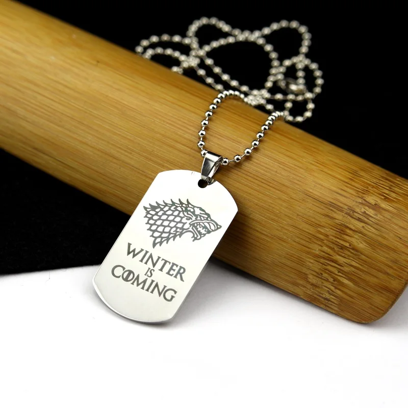 Classic Game of Thrones Winter is Coming Stainless Steel Military Pendant Jewellery House Stark Direwolf Medallion Wolf Necklace