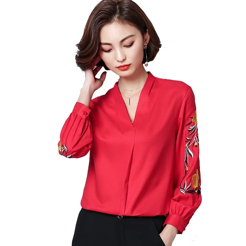 

Fashion Women Blouses 2018 Autumn New OL Ladies Shirts Large Size Embroidered V-neck Long Sleeved Chiffon Shirts Blouse Kimono