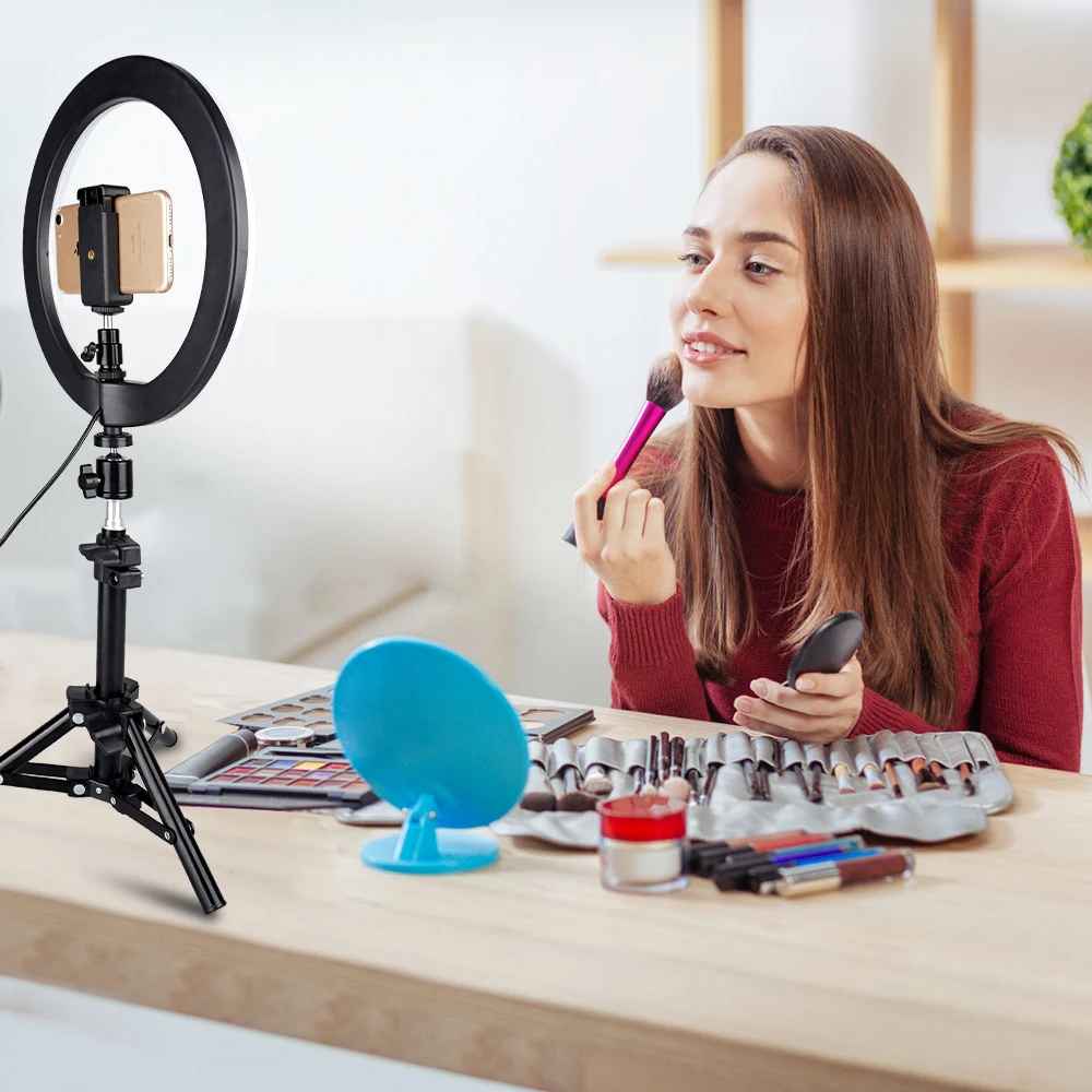 Koop Travor 10 inch Selfie Ring Licht 5500K met Statief Stand voor Live Stream Make Geleid Desktop Ring Licht Mini LED Camera Licht