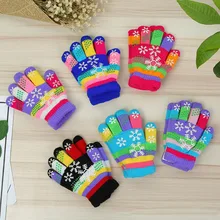 Горячая Осень-Зима Дети двухслойный утолщенный снег печати цветная пряжа вязаные перчатки