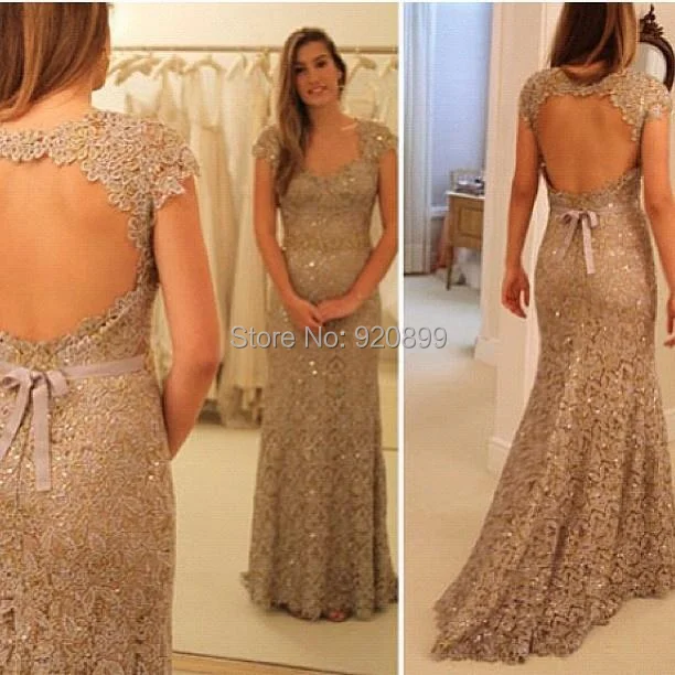 Free Shipping Hot Elegant Cap Sleeve Open back Lace Prom Dressesfree