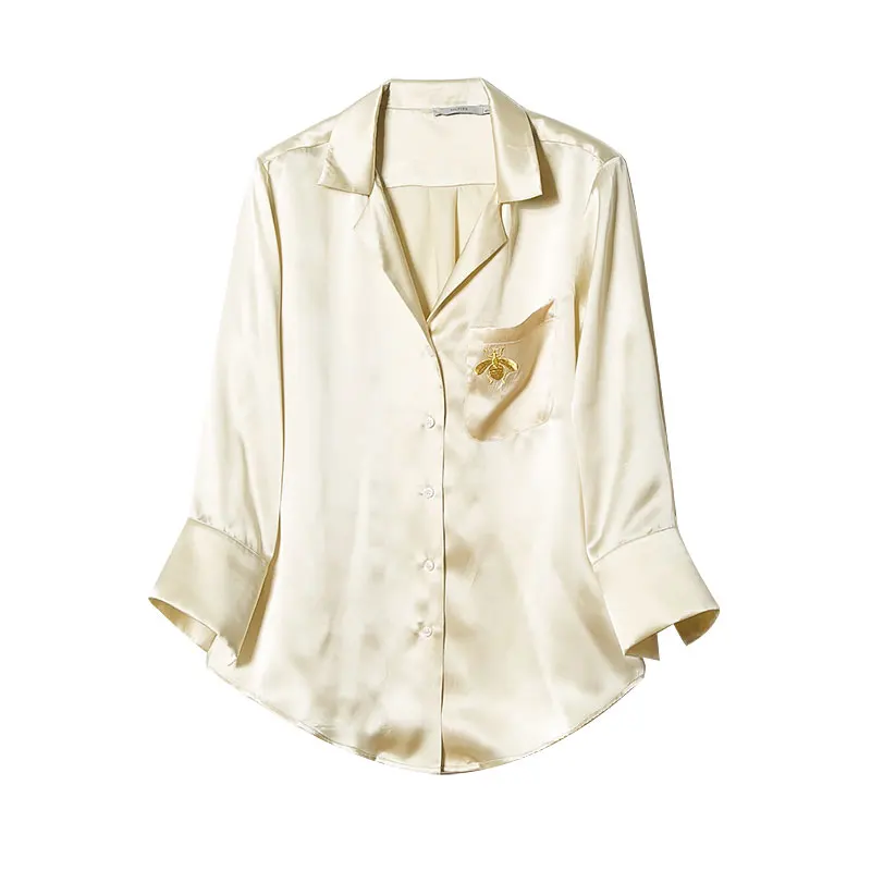 

Quality Summer Pure Silk Long-sleeve BEE Embroidery Pocket Shirt 100% Mulberry Silk Satin Women Blouse M L XL Free Shipping