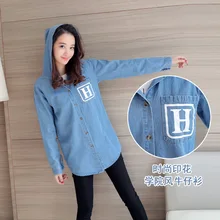 Womens denim Shirt Letter Print Pockets Blue Blouses hooded Long Sleeve Ladies Casual Tops Camisa Blusa Camisetas Femininas