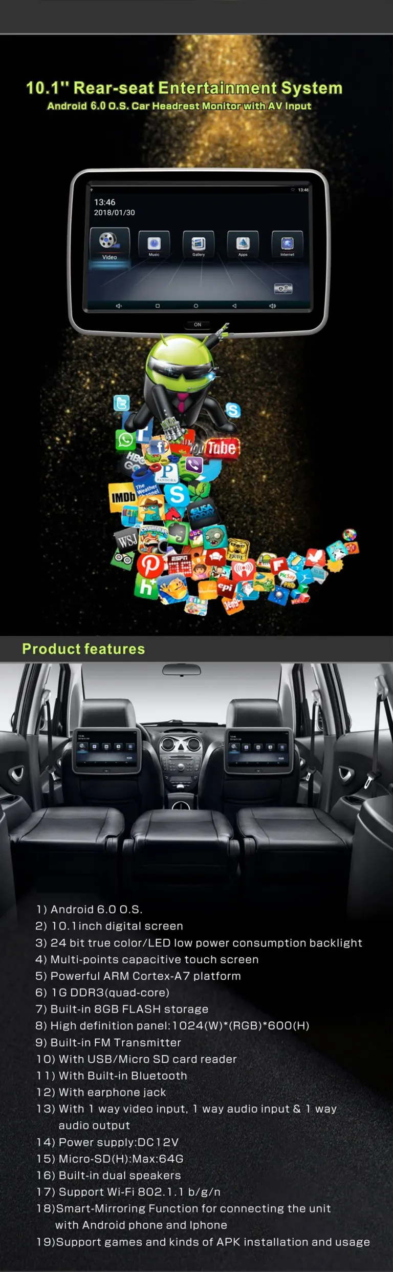 Android Car Headrest Player Screen 10.1 inch IPS HD Monitor WiFi Speaker Bluetooth FM IR transmitter Seat install (11)