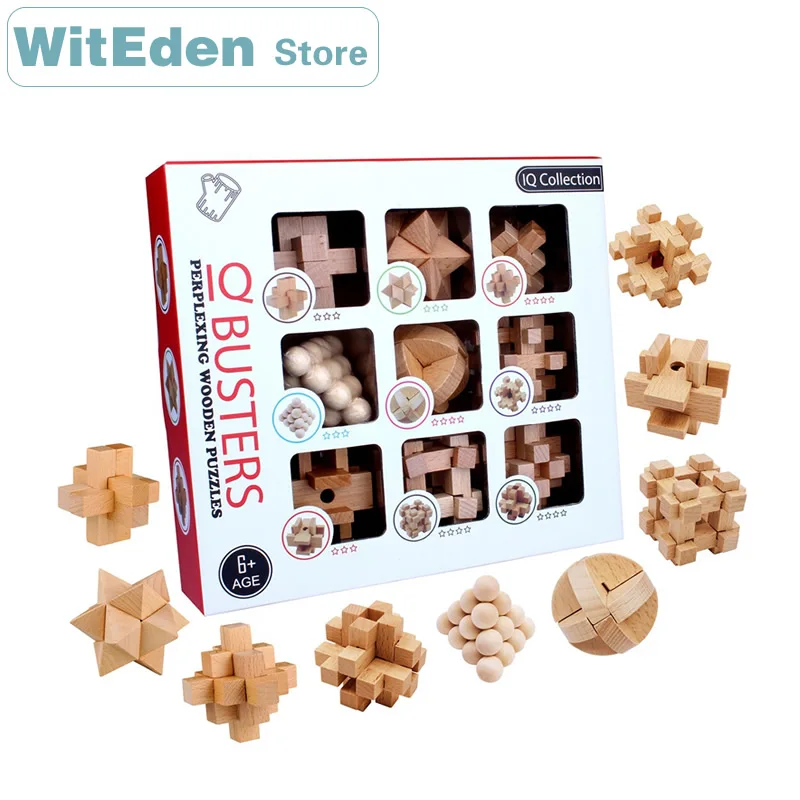 

Kong Ming Lock Wooden Puzzles 9PCS/Sets Interlocked 3D Interlocking IQ Brain Collection Intellectual Game Educational Toys