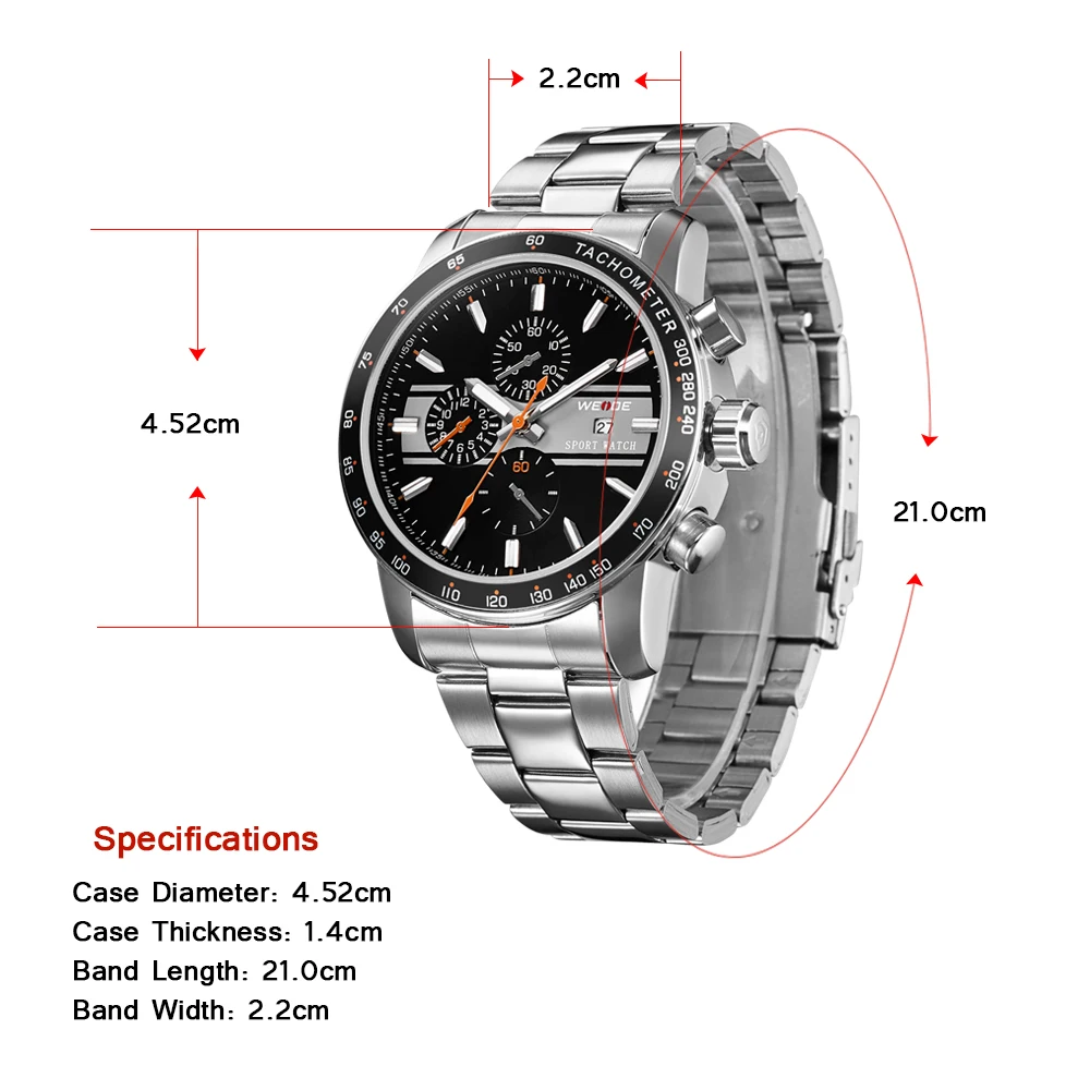 WEIDE Japan Quartz 30 Meters Resistant Men Full Steel Auto Date Fashion Military Men Sports Watch Relogio Masculino Alarm Clock