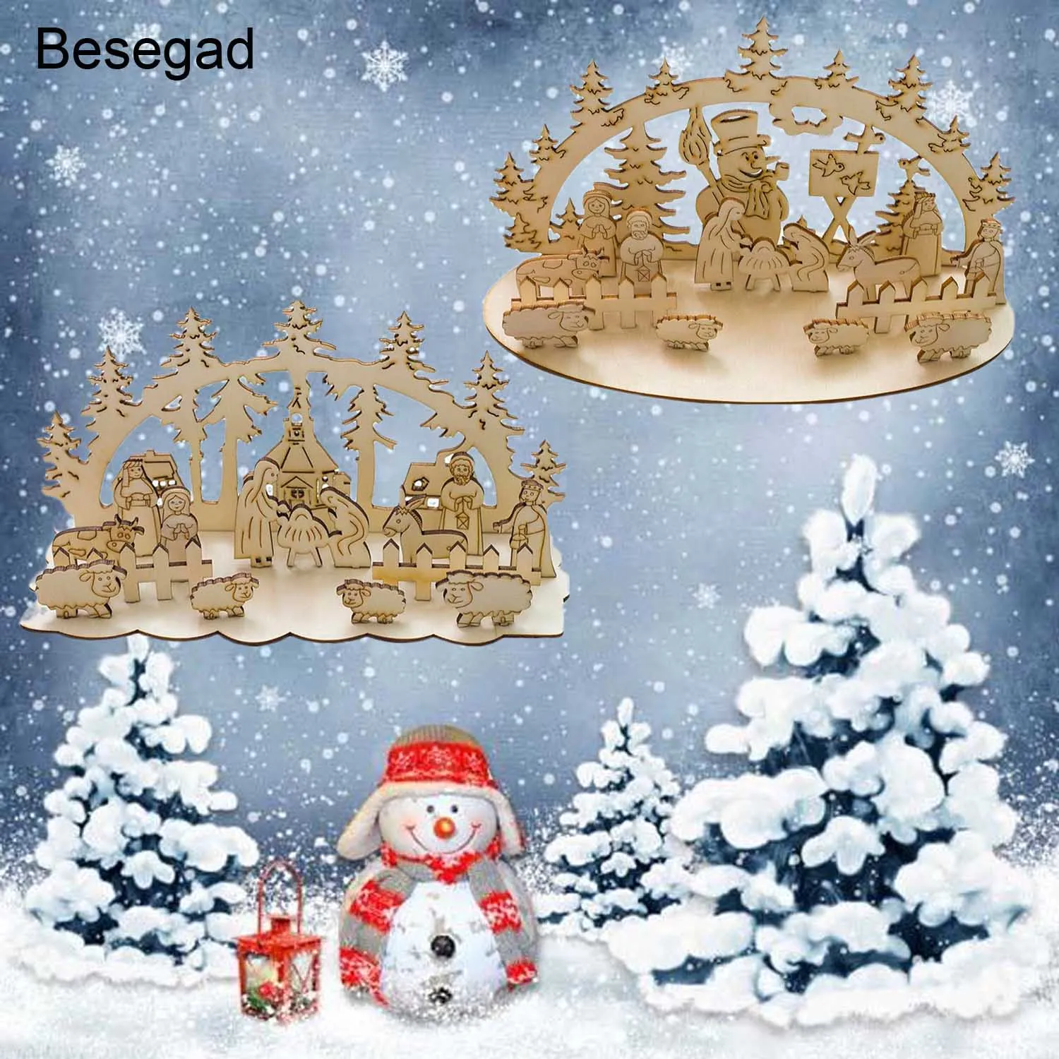

Besegad Christmas Theme Wood Stitching Decorative Ornaments Handmade DIY Puzzls Toy Stereo Home Desktop Decor Supplies