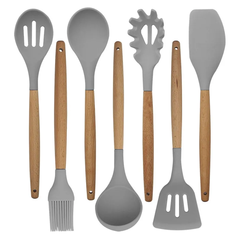 LMETJMA 7 Pieces Kitchen Cooking Tools Set Included Spoon Spatula Spoon Spatula Scraper Turner BBQ Brush BPA FREE KC0210
