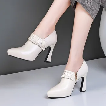 

PXELENA Luxury Brand Genuine Leather Women Pumps 2019 Autumn Ruffles Rivet Bride Wedding Shoes Chunky High Heels Beige Black
