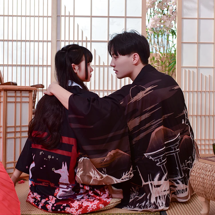 Billig Japanischen lose bademantel Fushimi Inari Patronus fuchs Dark Schwarz farbe haori sommer Sonnenschutz kimono Literatur und kunst cosplay