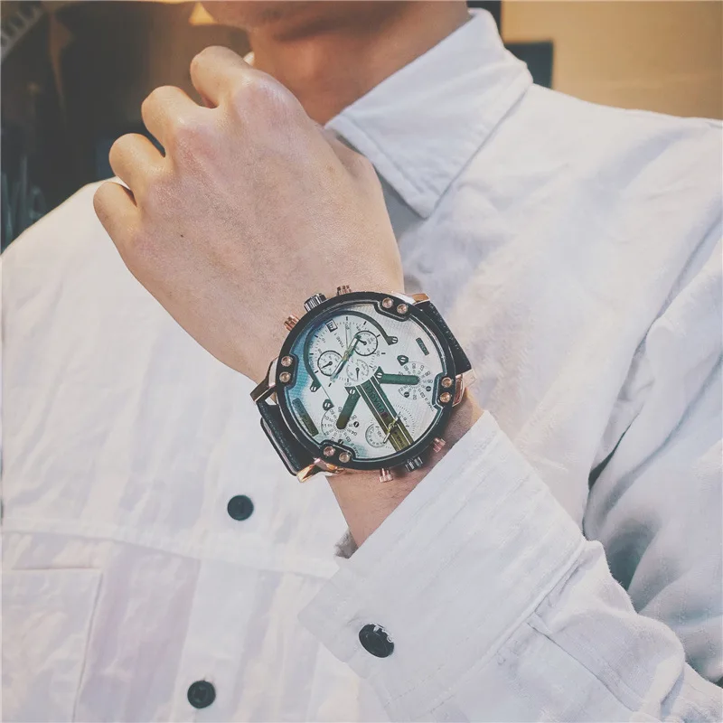 Billige Große Zifferblatt Blau Ray Dual Display Armee Mann Uhren Schwarz Braun Leder Band Stahl Shell Männer Männlichen Quarz Uhr Armbanduhren uhr