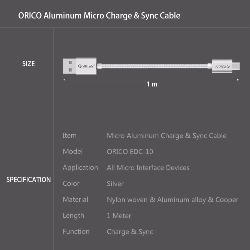 ORICO USB кабель для зарядки и передачи данных с нейлоновой оплеткой, металлический штекер, Micro USB кабель для samsung, sony, htc, 1 м, серебристый