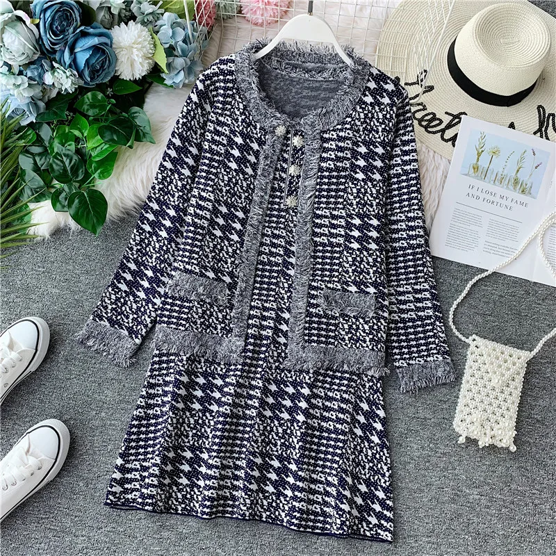 

Amolapha Women Autumn Winter Knit Pattern Button Sleeveless Dress+Knitted Cardigans Coats 2 Pieces Sets Outfits