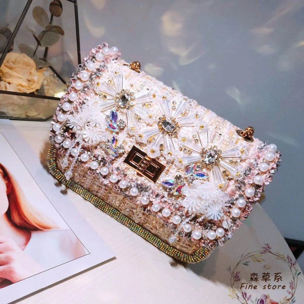Европейский diamond pearl блестящие Цепочки Сумка в, повседневная женская маленькая с одно плечо и Диагональ span, высокое качество