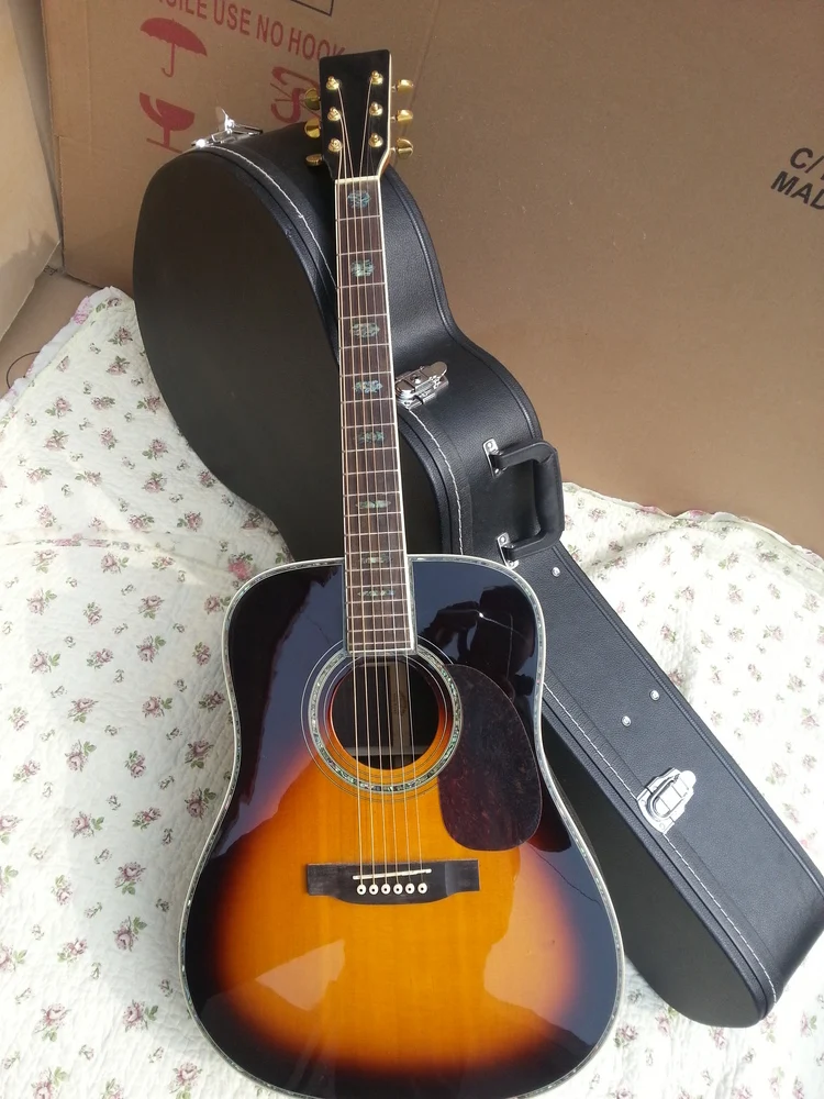 

2018 New + Factory + sunburst acoustic guitar sunset acoustic electric guitar round body D classic acoustic guitar solid top