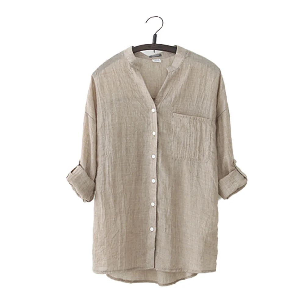 Женская мода негабаритных Свободная Повседневная с длинным рукавом льняная нижняя рубашка блузка S-XL