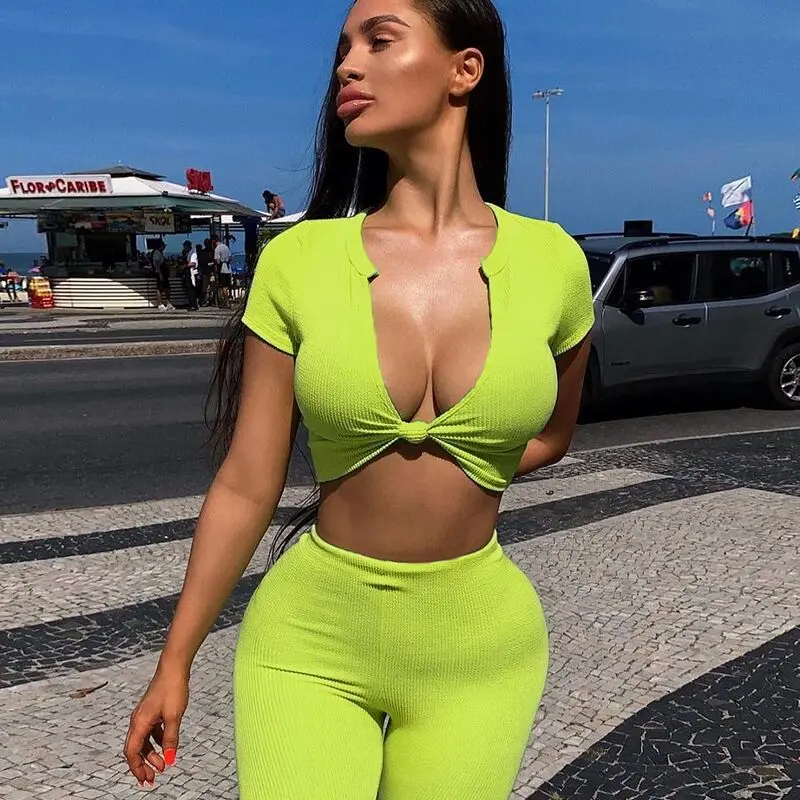

Toplook V Neck Two Piece Sets Women Outfits Fluorescence Summer Short Sleeve Bow Tie Sexy High Waist Shorts Suits Female