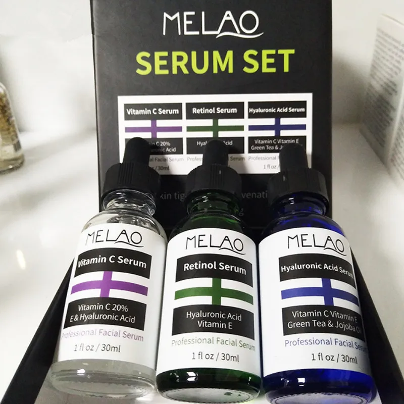 MELAO 3pcs 30ml Face Serum Gift Set Vitamin C Hyaluronic Acid 2.5% Retinol Serum Moisturizing Whitening Anti-aging