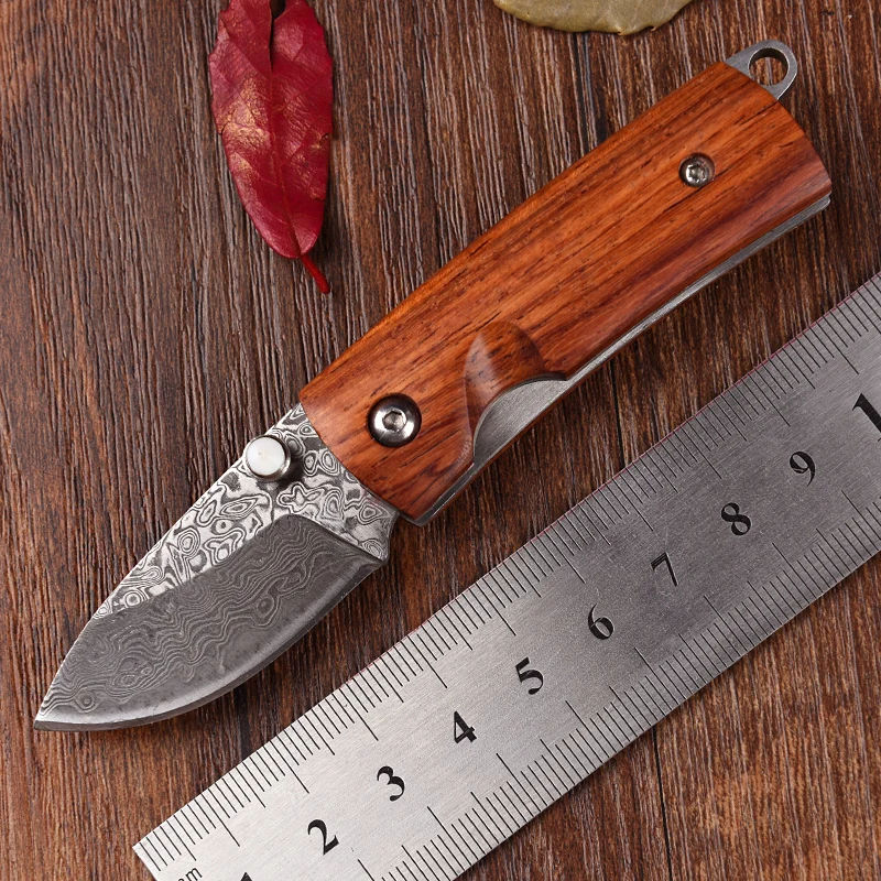 

Damascus steel pocket knife camping hunting mini folding knives key chain Small edc Redwood handle outdoor survival tools zakmes