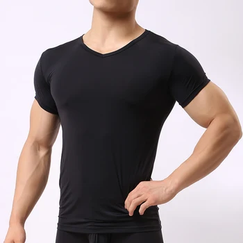 

Sexy Ultra-thin Sheer Man Fitness Polyester Undershirts Gay Ice Silk V-neck Transparent Shirts 2017 New Fashion