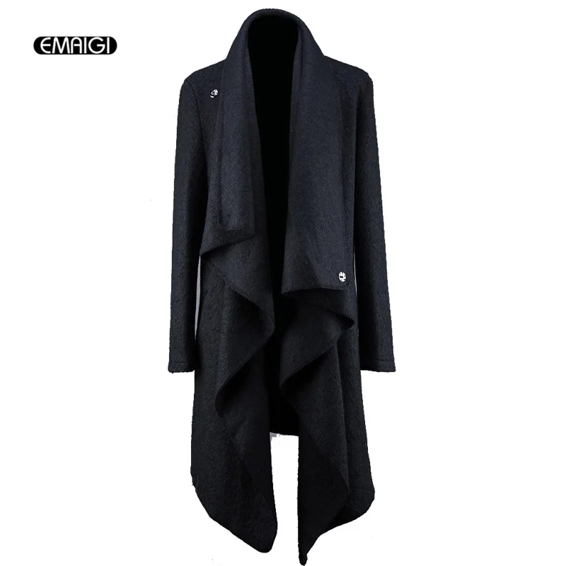 

Punk Style Trench Jacket Male Fashion Woolen Long Cardigan Irregular Design Long Outerwear Men Coat Singer Costume