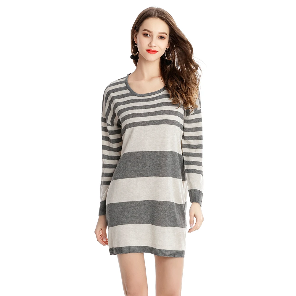 Kenancy Fashion Stripe Round Neck One Size Long Sweater Dress Oversized Casual Knitting Female
