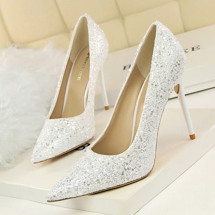 BIGTREE/Женская обувь на высоком каблуке; пикантные свадебные туфли-лодочки; женская обувь с блестками и острым носком для вечеринок; коллекция года; летние туфли на каблуке; zapatos de mujer - Цвет: Белый