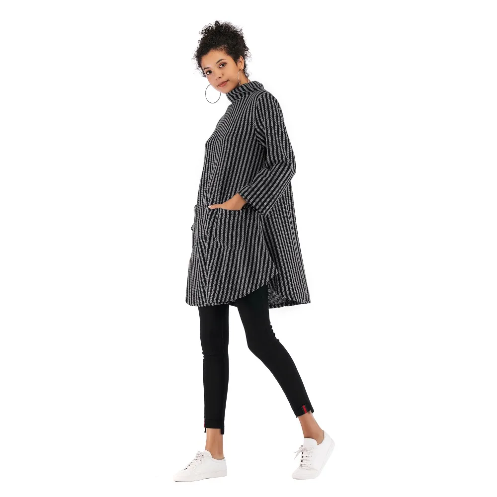 New women's double pocket striped jacket female loose large size long-sleeved sweater long-sleeved turtleneck sweater dress