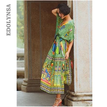 Богемный наряд кафтан на пляж этнический хлопок вискоза Макси платье женское Винтажное с v-образным вырезом туника бохо повседневное с принтом длинное платье# P127