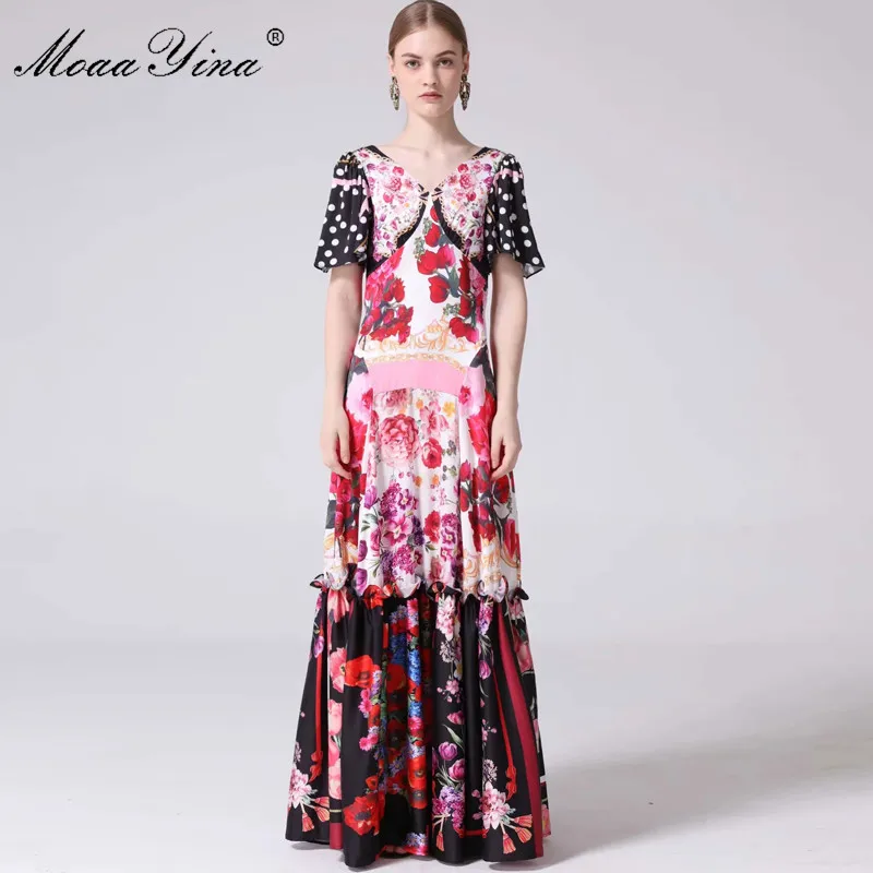 

MoaaYina Fashion Designer Runway dress Spring Summer Women Dress V-neck Flare Sleeve Floral-Print Vintage Maxi Dresses