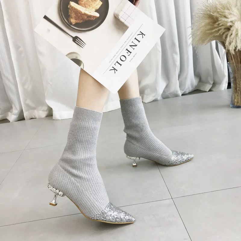 Весна вязаный носок сапоги Элитный бренд женские сапоги со стразами острый носок со стразами сапоги до середины икры Для женщин Обувь на каблуке-рюмочке обувь