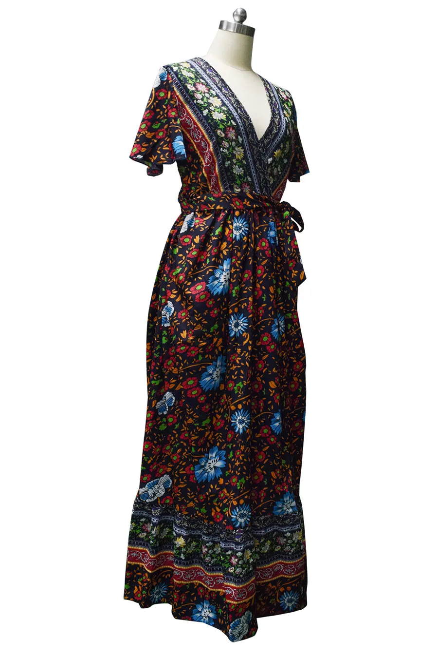 Gladiolus Bohemian Women Summer Dress Short Sleeve V Neck Floral Print Belt Tunic Split Sexy Beach Dresses Women 2019 Maxi Dress (15)