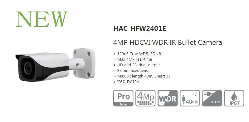 

Free Shipping DAHUA CCTV Security Outdoor Camera 4MP FULL HD HDCVI WDR IR Bullet Camera Smart IR IP67 Without Logo HAC-HFW2401E