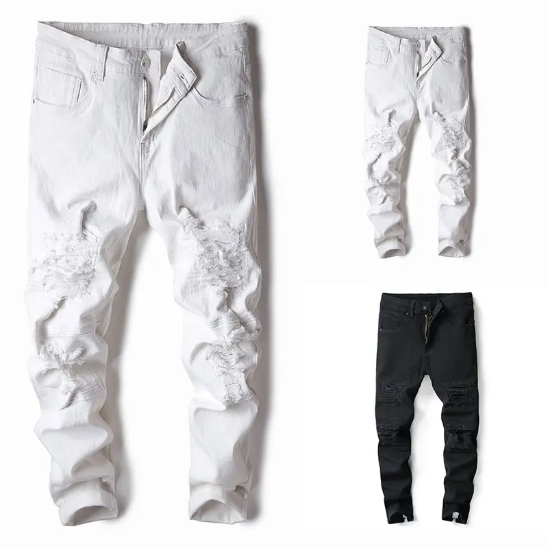 

2019 New Black Color Ankle Zipper Jeans Men Skinny Fit Elastic Stretch Knee Hole Ripped Jeans For Men Streetwear Men Jeans