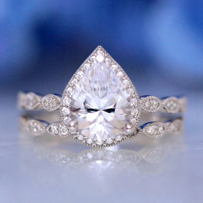 Obligation Silver Double Engagement Wedding Band Rings Pair Silver Oval zircon Ring Set For Women Bridal Jewelry